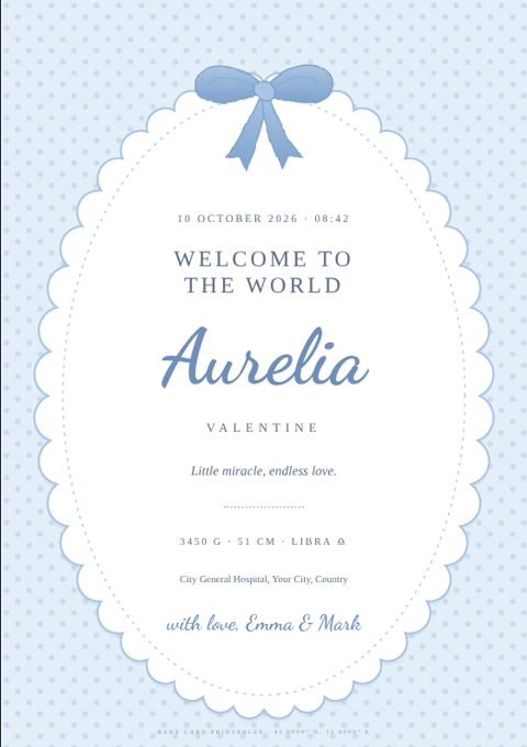 Birth announcement card with polka dots, a scalloped frame and a blue ribbon reading Welcome to the world