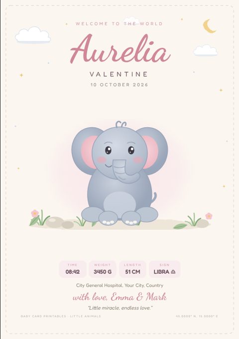 Pastel birth announcement card with a little elephant, clouds and the baby's birth stats