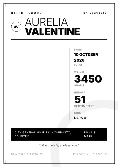 Minimalist black and white birth record card with large weight and height numbers