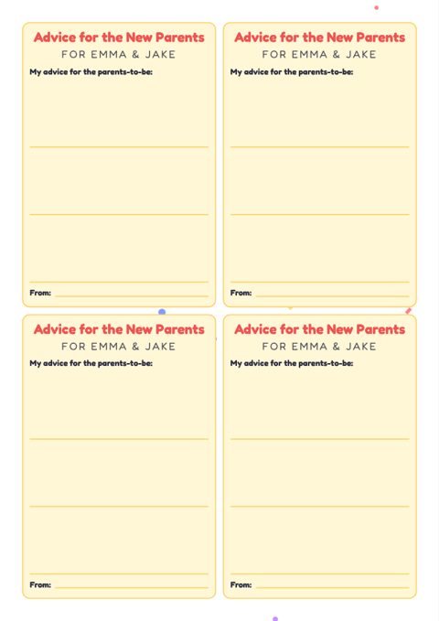Printable advice cards for the new parents, four per page, with lines for the advice and the guest's name