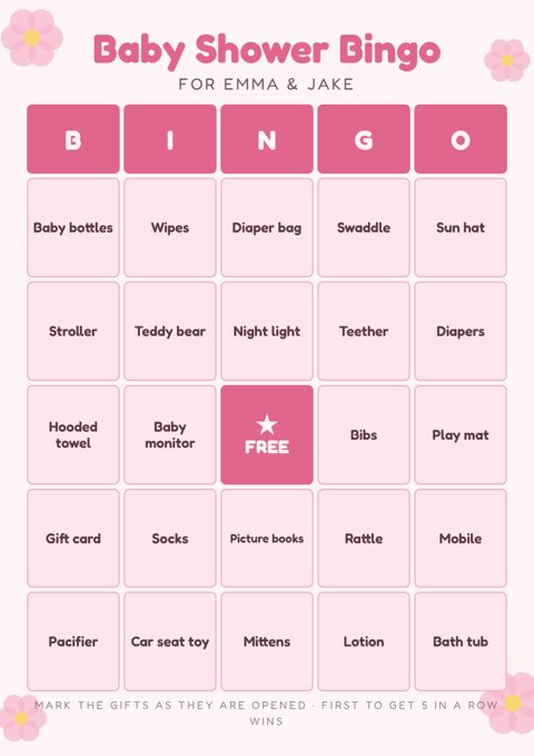 Pink Blossom baby shower bingo card with 24 gift squares and a free center