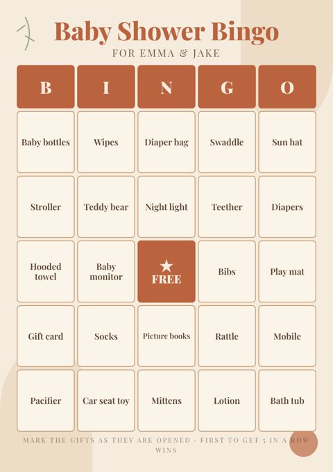 Boho terracotta baby shower bingo card with gift squares and a star free square